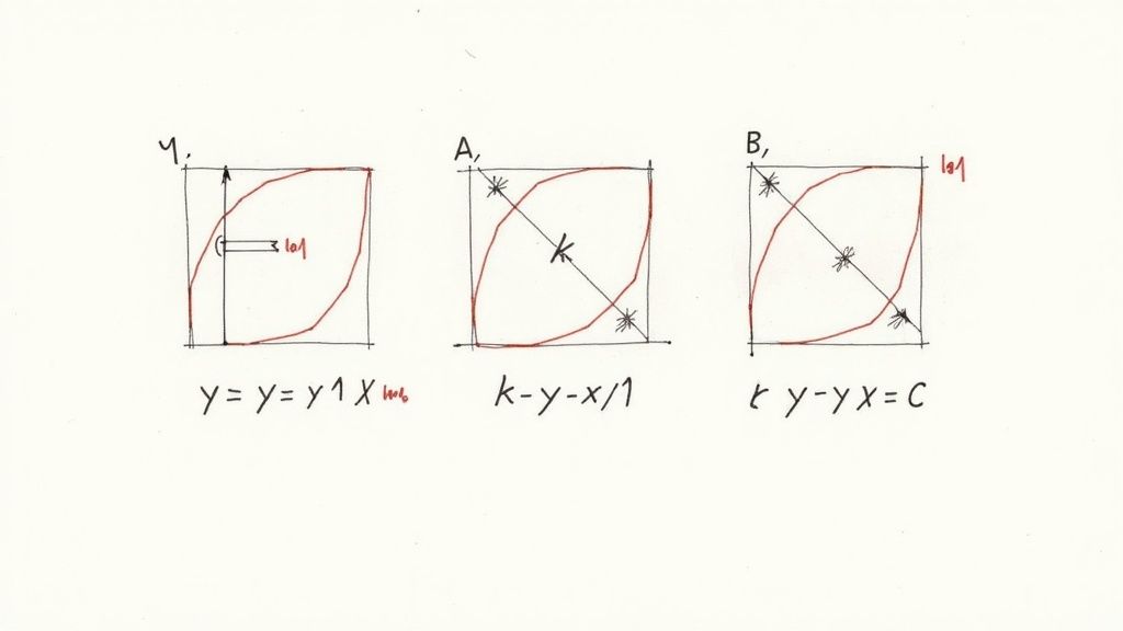 Tre diagram som visar räta linjens ekvation med olika former och parametrar illustrerade grafiskt