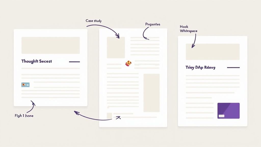 Three different document or post layouts demonstrating content formatting principles and design elements.