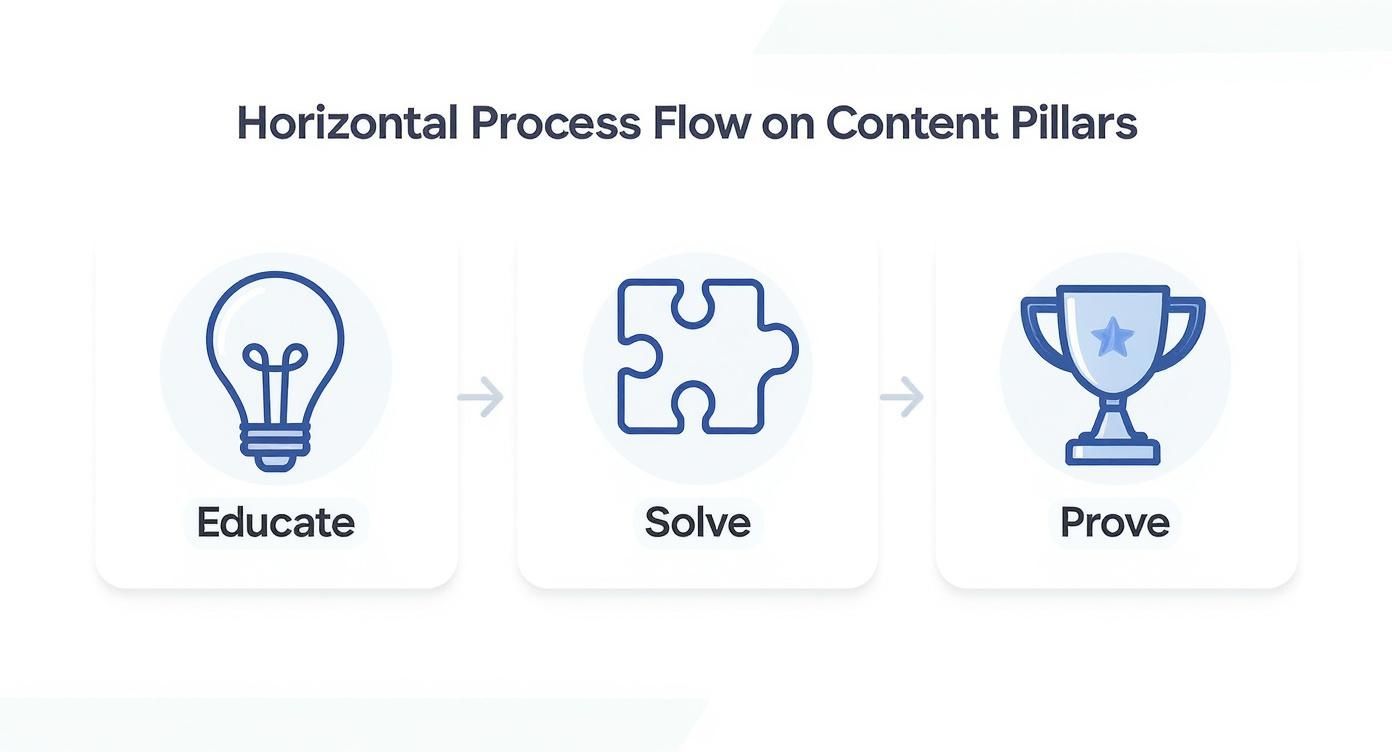 Infographic showing the process flow for content pillars Educate, Solve, and Prove.