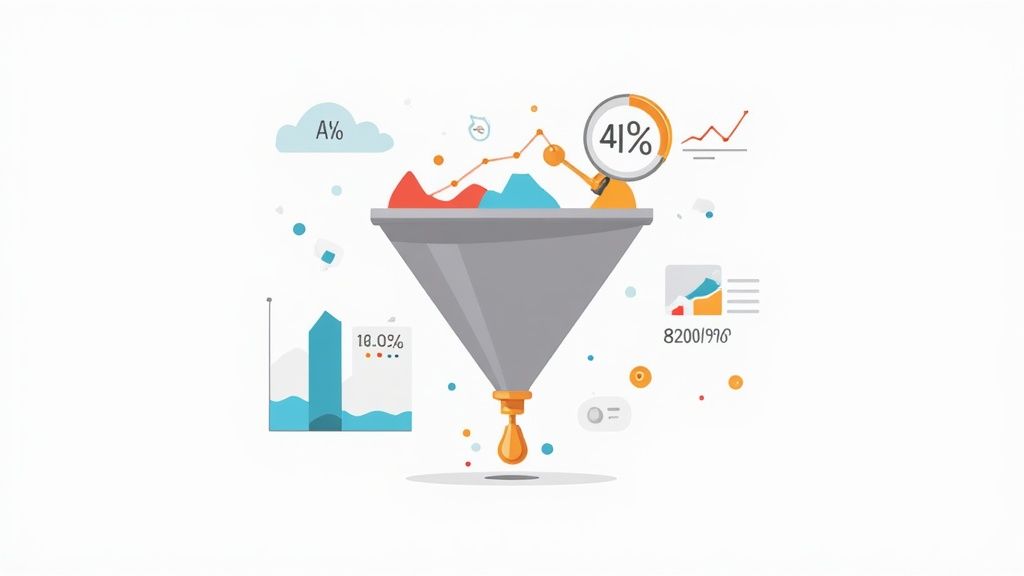 A vibrant illustration of a sales funnel with charts, percentages, and data analytics elements.