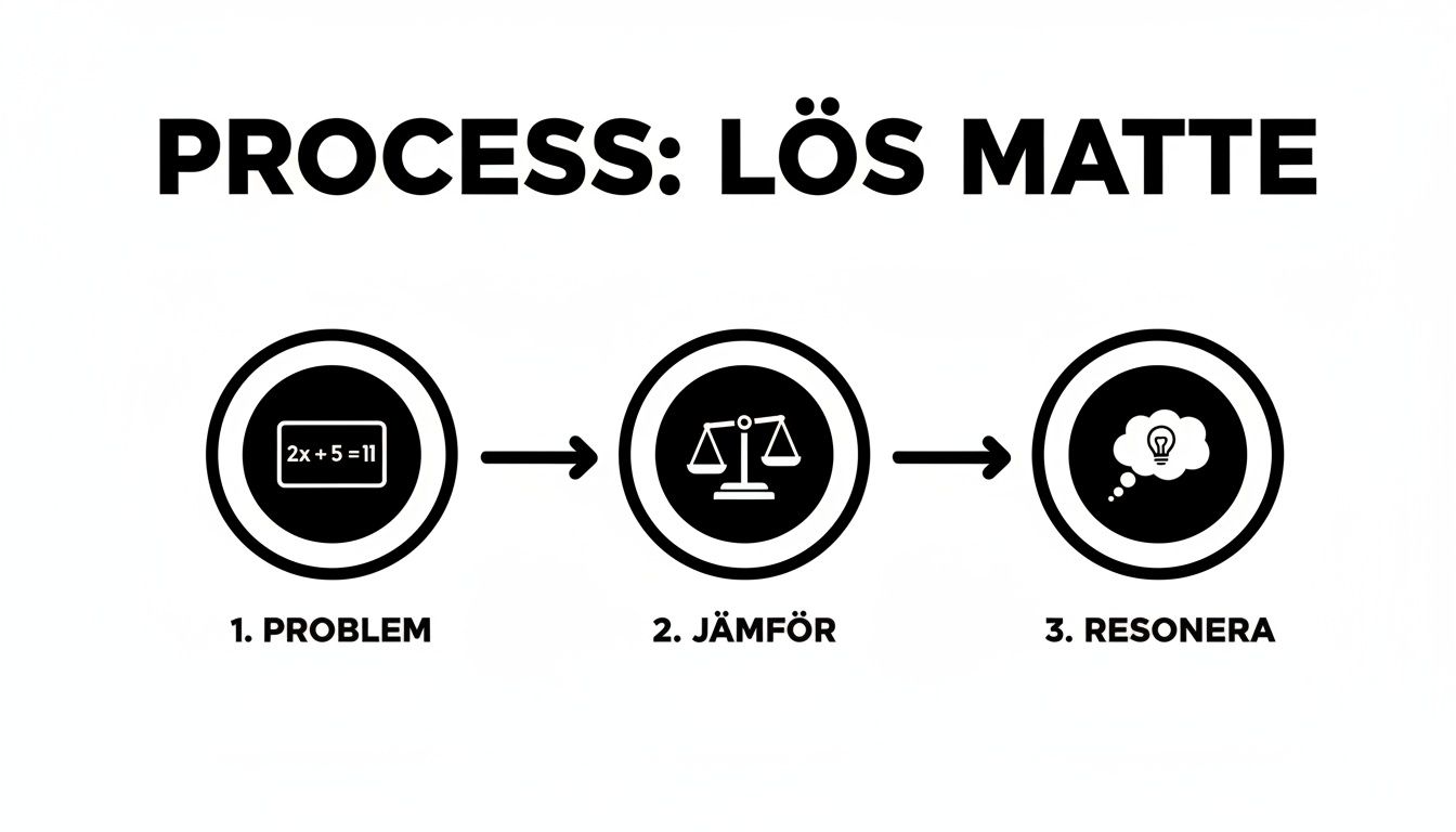 Flödesschema som visar processen för att lösa matteproblem: problem, jämför och resonera.