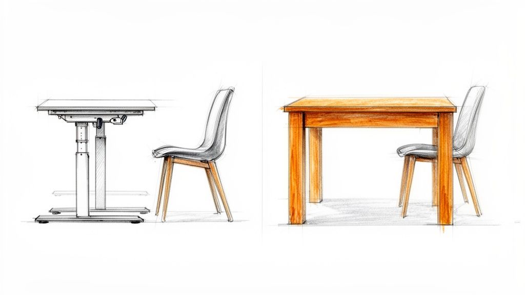 ציור אומנותי של שולחנות וכיסאות בסגנונות שונים, כולל שולחן כתיבה מתכוונן ושולחן עץ.