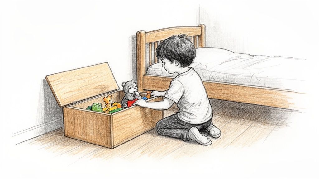 ילד קטן כורע ליד ארגז צעצועים פתוח בחדר השינה, מסדר את הצעצועים בפנים.