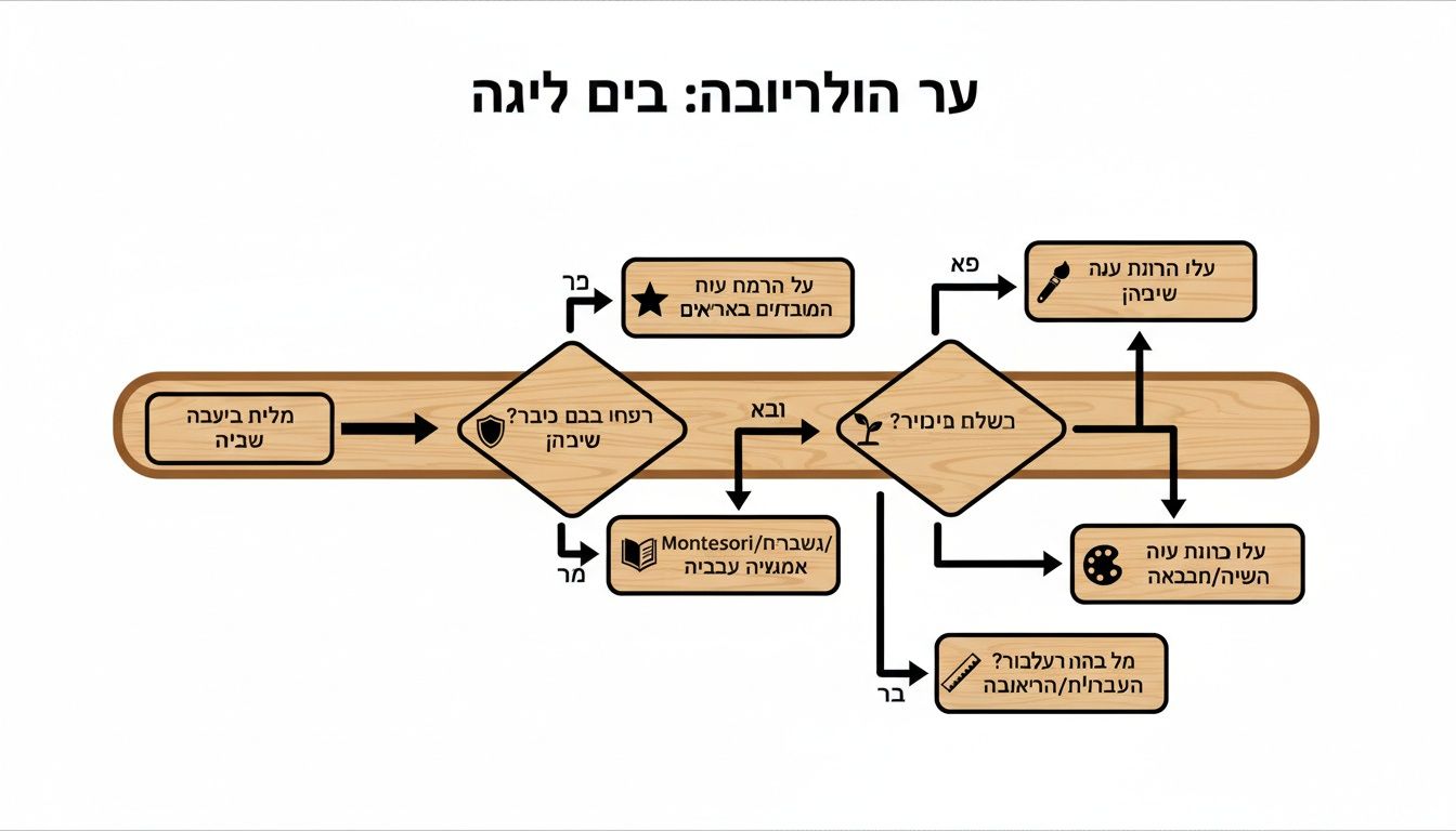 תרשים זרימה מורכב בצבעי עץ, המציג תהליכים והחלטות שונים עם כיתוב בעברית ואייקונים.
