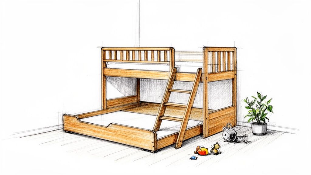 איור של מיטת קומותיים מעץ עם מיטת חבר נשלפת, סולם, עציץ וצעצועים על הרצפה.