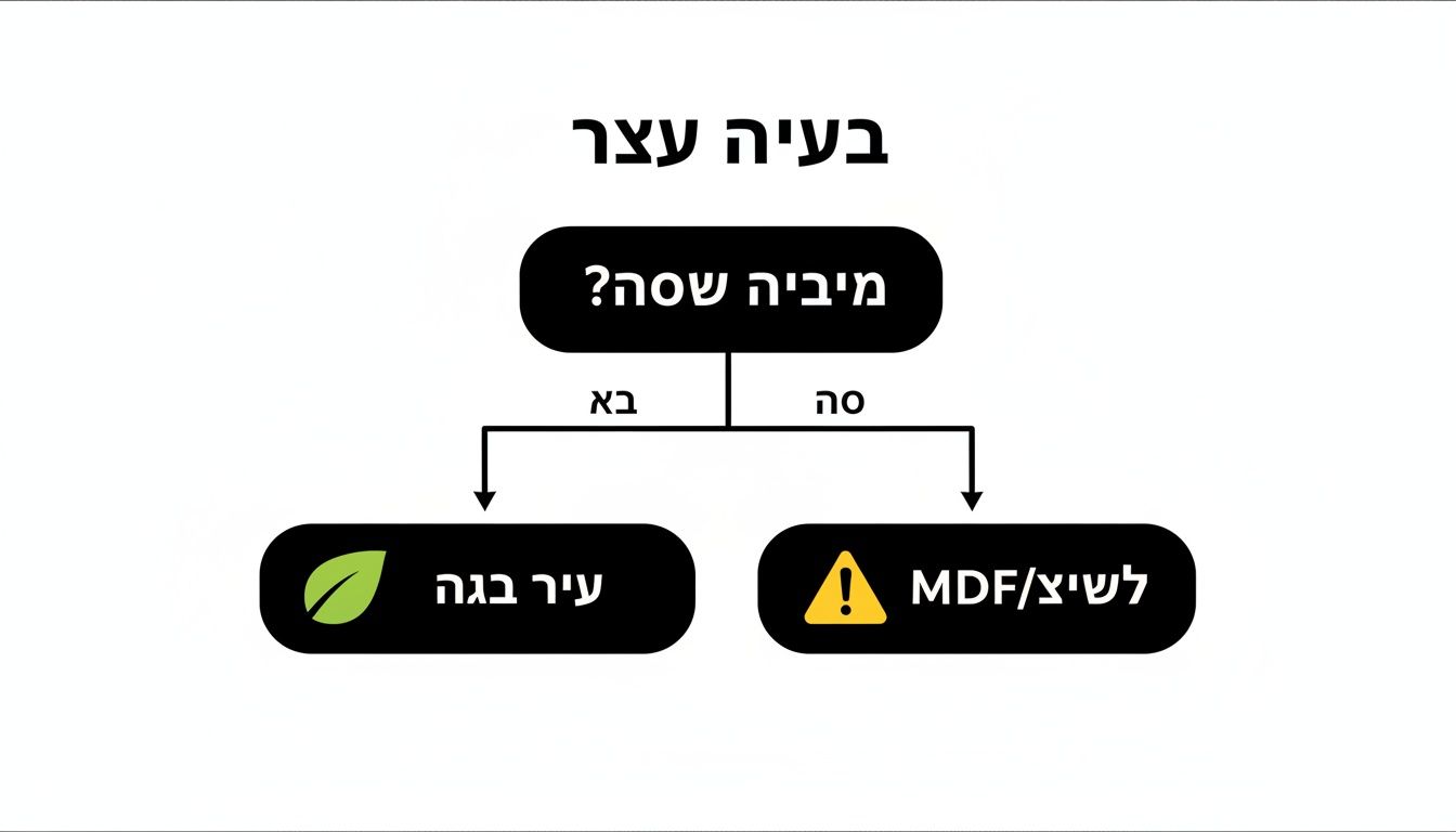 תרשים זרימה בעברית לפתרון בעיה: בחירה בין עיר בנגה (ירוק) לבין חומרים כמו MDF (אזהרה).