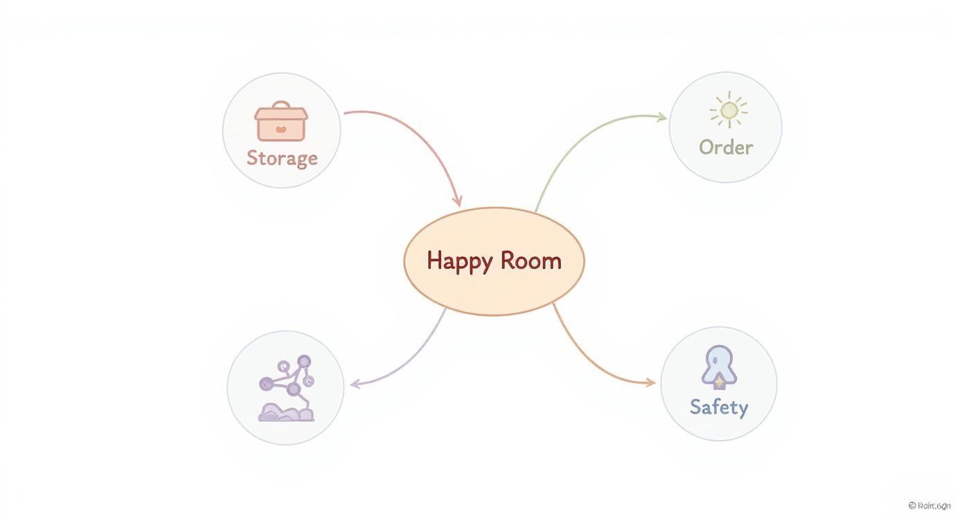דיאגרמה של חדר ילדים מאושר המציגה ארבעה היבטים מרכזיים: אחסון, סדר, בטיחות ומשחק מאורגן