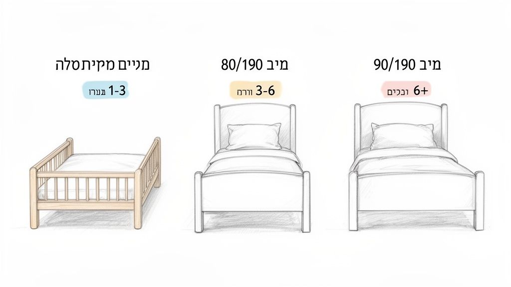 איור המציג מידות מיטות לילדים לפי גיל: מיטת מעבר (1-3), מיטת יחיד 80/190 (3-6) ומיטת יחיד 90/190 (6+).