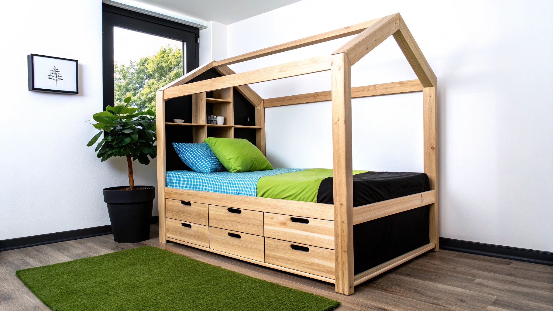 מיטת מעבר מעוצבת מעץ בצורת בית עם מגירות אחסון, מדפים ומצעים בגוון ירוק וכחול בחדר ילדים מודרני