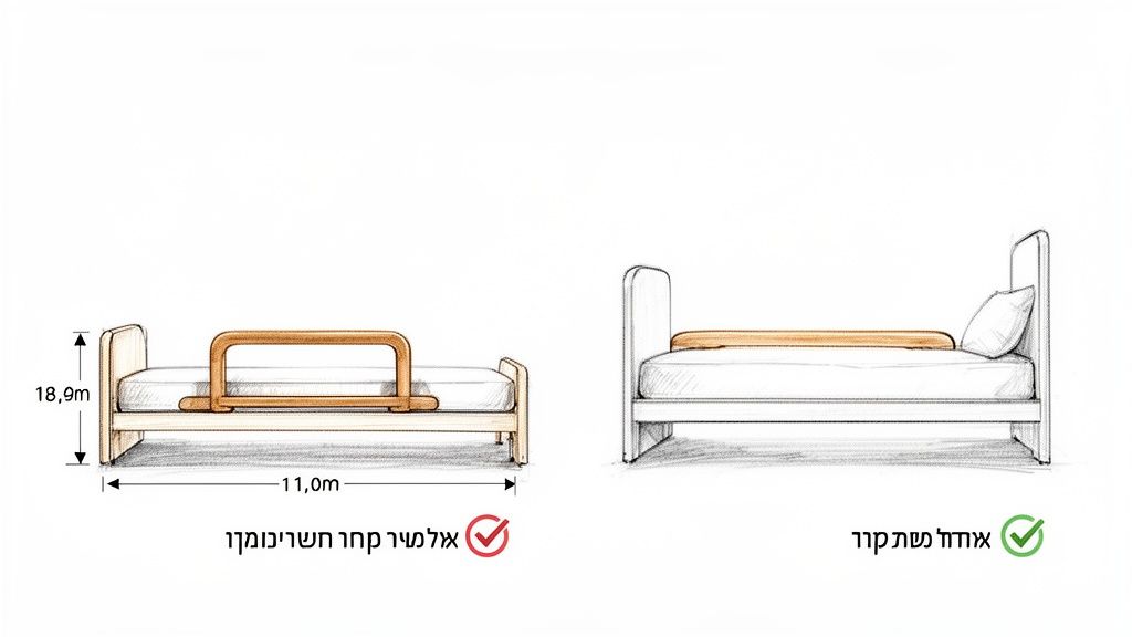 שתי אפשרויות למעקות בטיחות למיטה: עיצוב מיושן ולא מומלץ לעומת עיצוב חדשני ומומלץ.