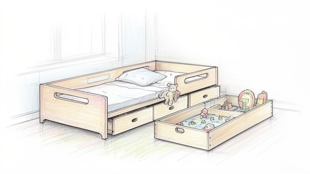 איור של מיטת ילדים מעץ בהיר עם מזרן וכרית, דובי, ומגירות אחסון נשלפות עם צעצועים.