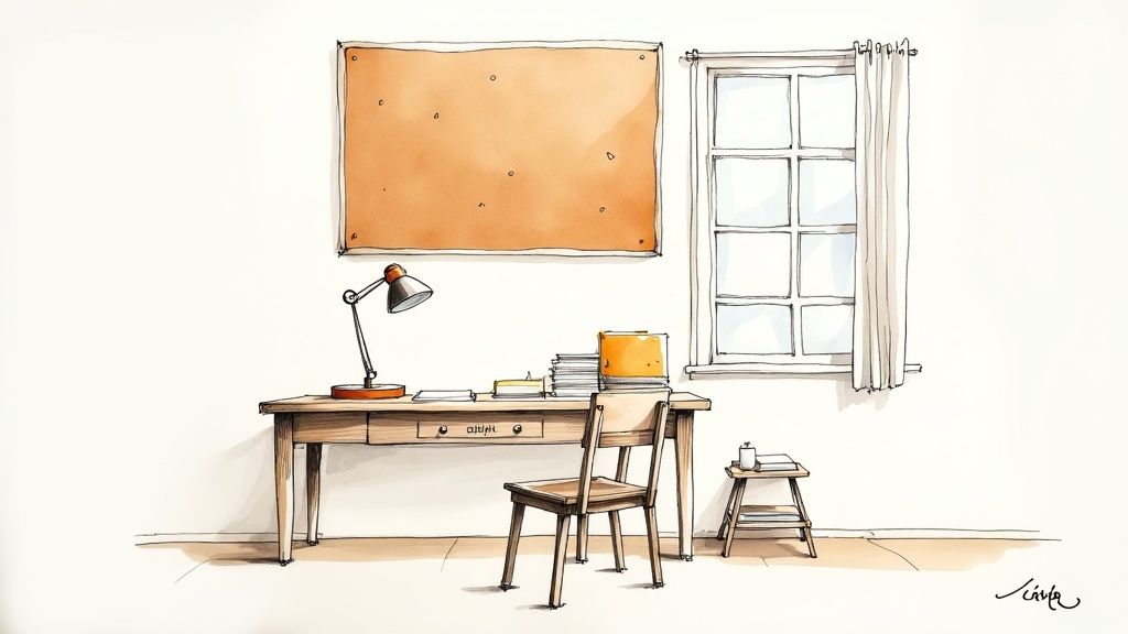 איור של שולחן כתיבה מעץ עם מנורה, ספרים וכיסא, ליד לוח שעם וחלון עם וילון.