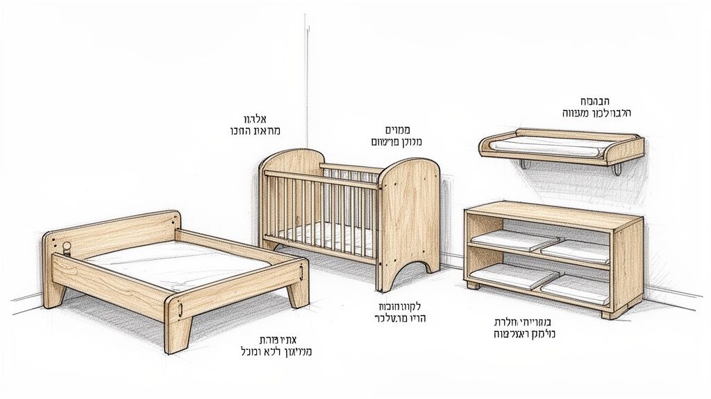 ריהוט עץ מעוצב לחדר תינוק: מיטה, עריסה, שידת החתלה תלויה ומדף אחסון.