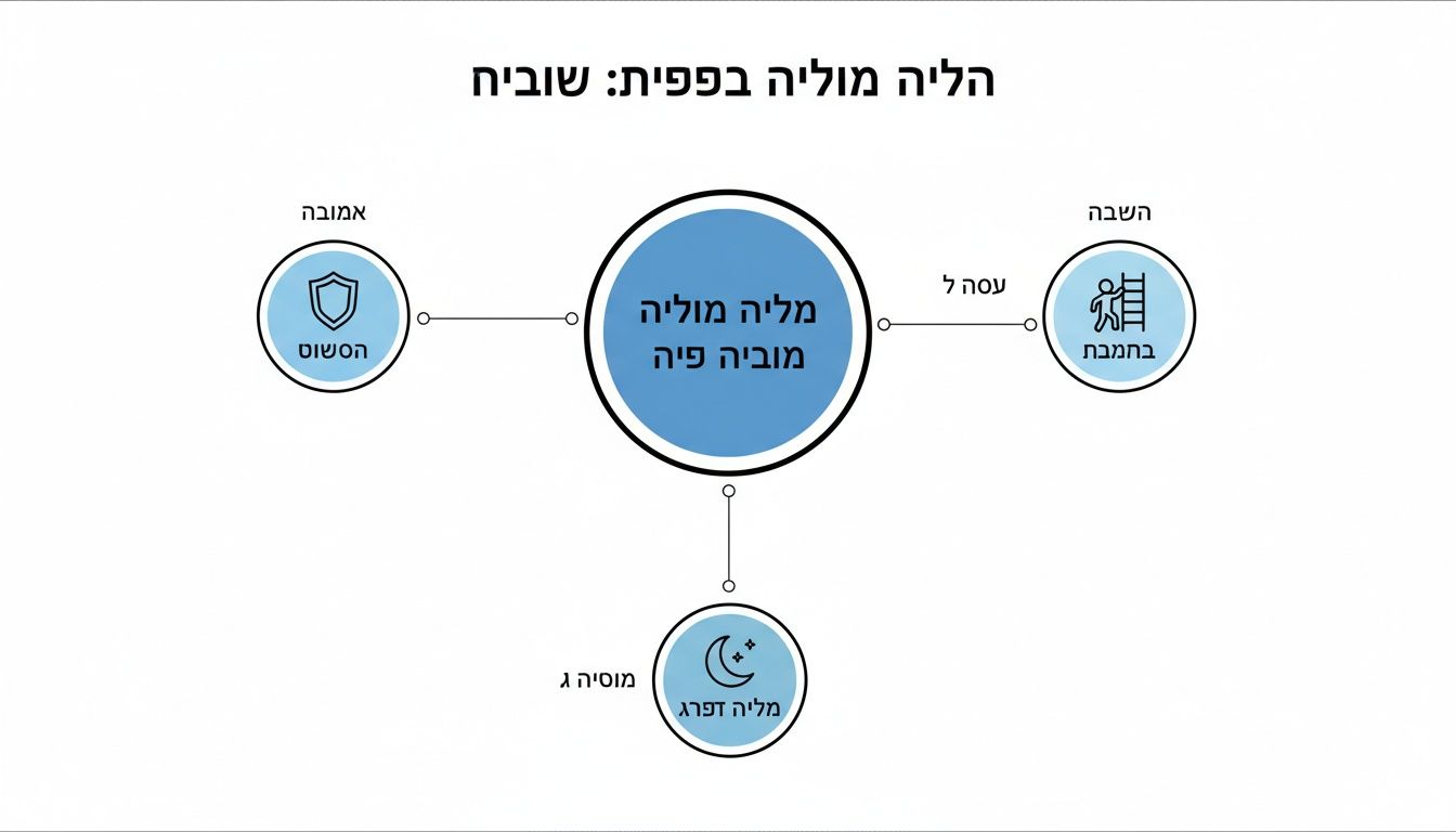 תרשים זרימה או מפת מושגים עם צורת עיגול מרכזית ושלושה עיגולים מחוברים, כל אחד עם אייקון וטקסט בעברית.