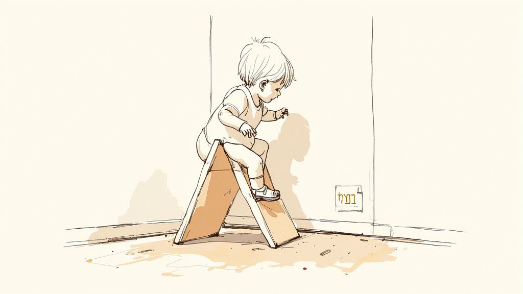 ציור של תינוק מטפס בזהירות על מתקן טיפוס קטן דמוי אוהל עשוי עץ, על רקע קירות בהירים ורצפה עם כתמים.