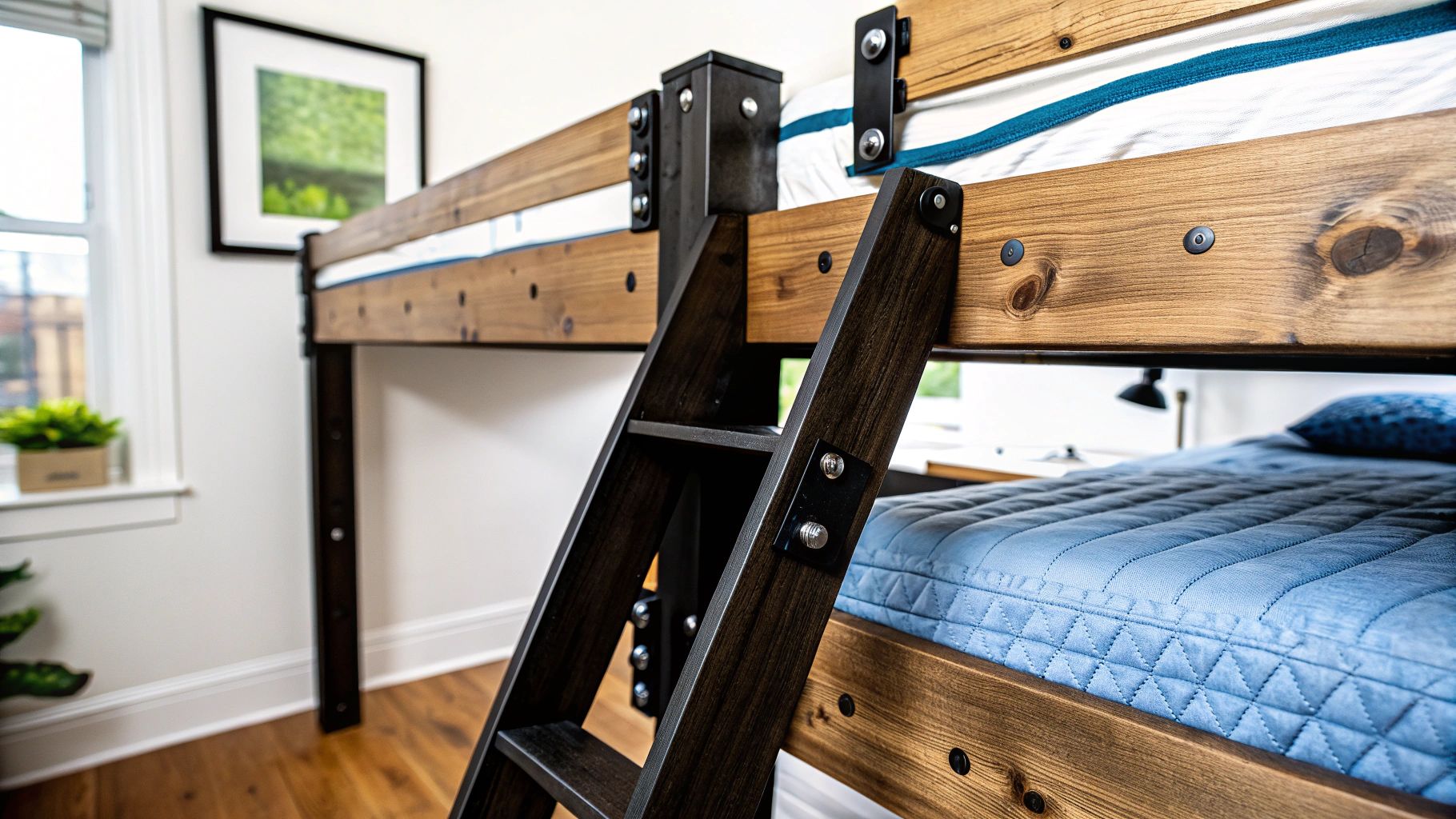 מיטת גלריה לילדים עם מעקה בטיחות גבוה וסולם יציב