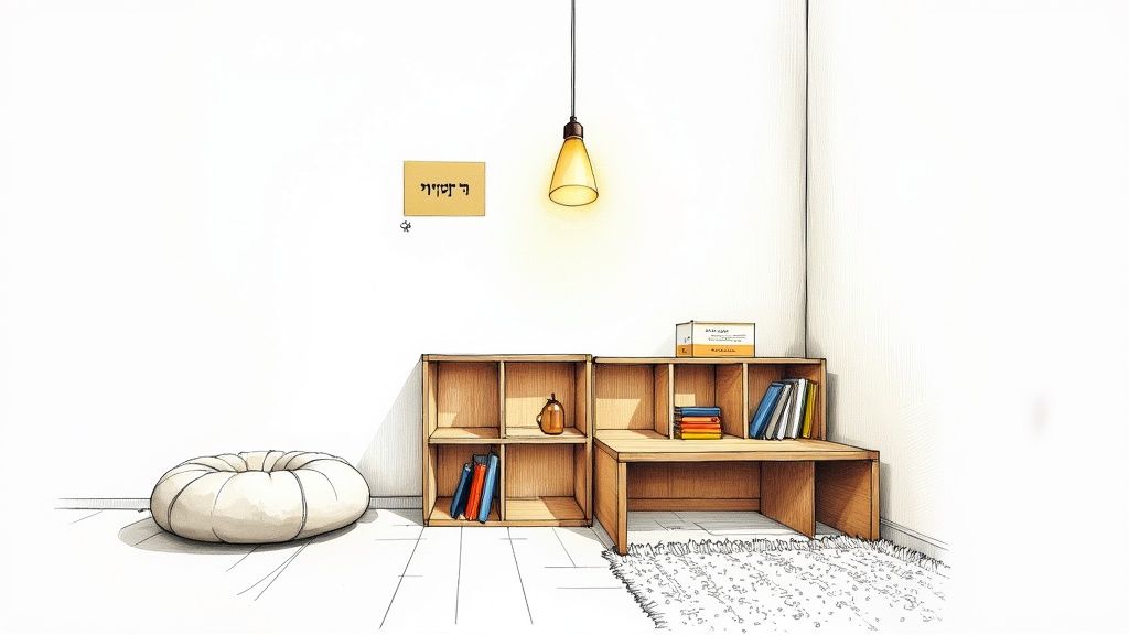 פינת קריאה נעימה עם מדפי עץ, ספרים, כרית רצפה, ושטיח בהיר תחת תאורה חמה.