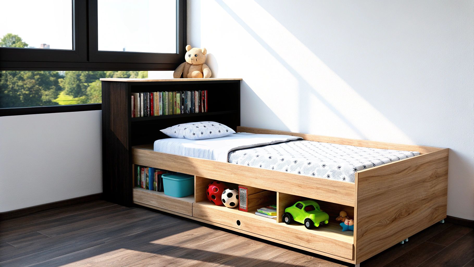 מיטת ילדים מודרנית מעץ בהיר עם מדפים מובנים לאחסון ספרים וצעצועים. בראש המיטה ספרייה ודוב פרווה.