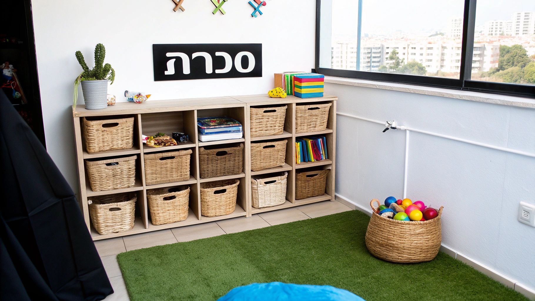 חדר ילדים מאורגן עם מערכת אחסון מעץ, סלי קש, צעצועים ושטיח דשא על רקע חלון גדול