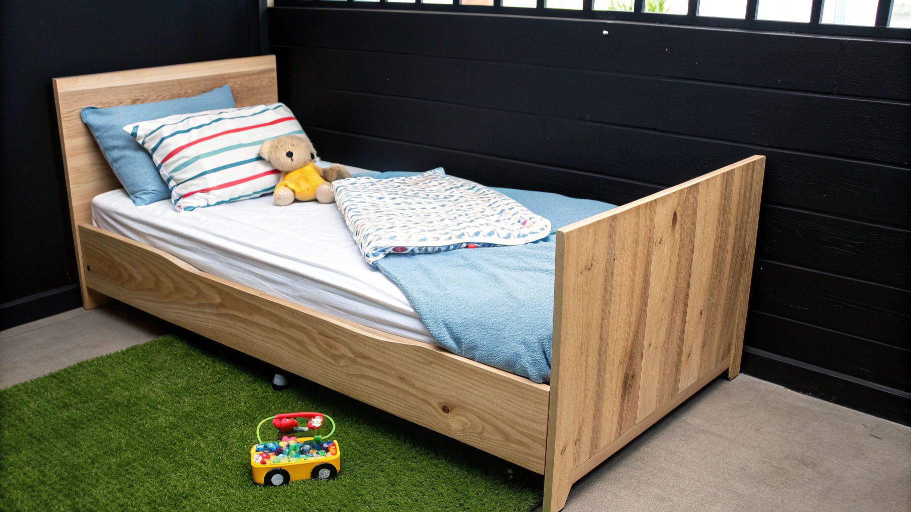 מיטת ילדים מיוחדת מעץ טבעי בחדר מעוצב עם צעצועים