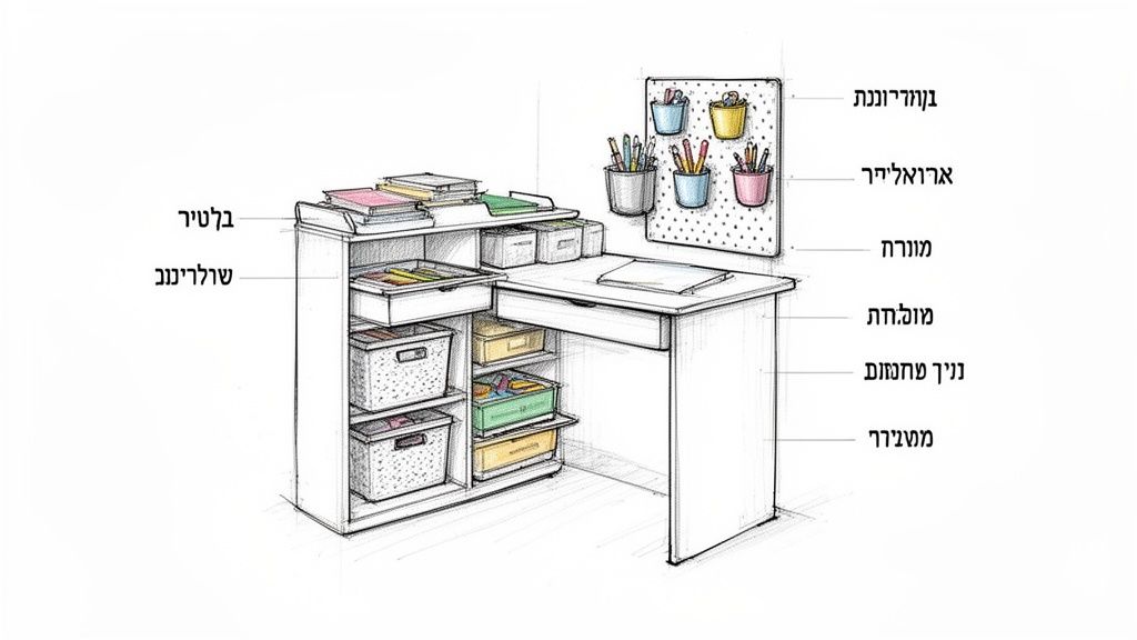שולחן עבודה מאורגן לילדים עם אחסון יצירתי, מדפים, מגירות, ולוח קיר עם כוסות.