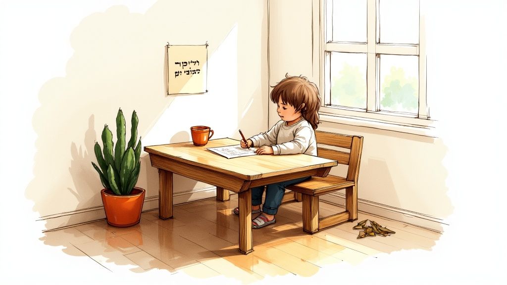 ילדה יושבת ליד שולחן פעילות מעץ קטן ומציירת, עם צמח בסיר וספל על השולחן.