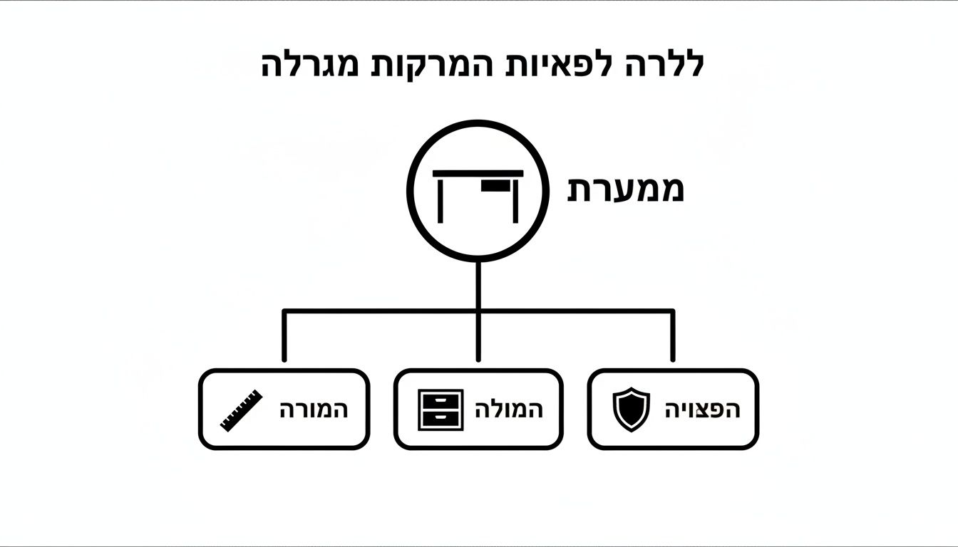 תרשים היררכי המציג מערכת עבודה מרכזית (שולחן) עם שלושה מרכיבים: מורה, ארונית והגנה.