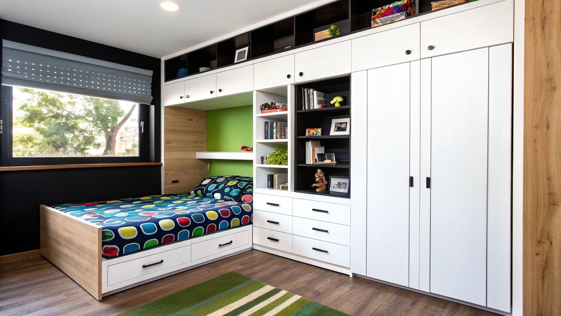 חדר ילדים מודרני עם מיטה מעץ, ארונות אחסון לבנים, מדפים שחורים וחלון גדול עם נוף לעץ