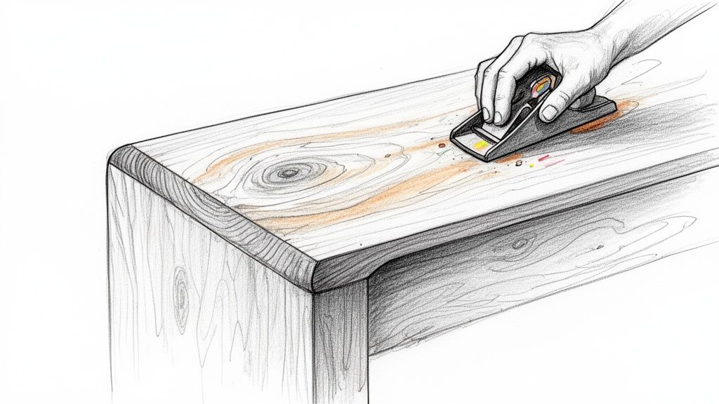 יד מחליקה משטח עץ בעזרת מקצועה קטנה, מייצרת שבבי עץ צבעוניים. מראה של עבודת נגרות עדינה.