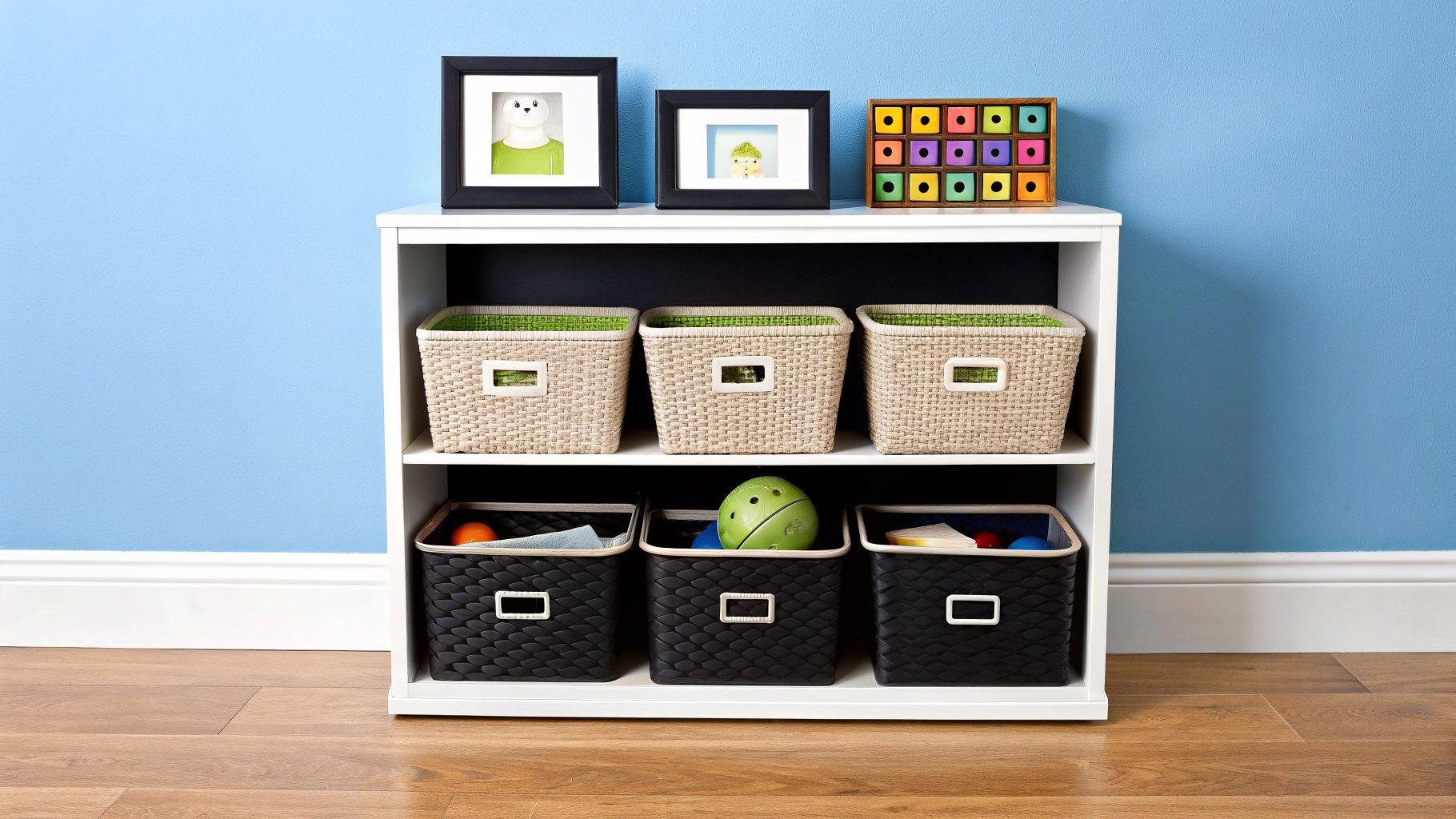 כוננית אחסון לבנה לחדר ילדים עם סלסלות צעצועים, תמונות וקיר כחול בהיר.