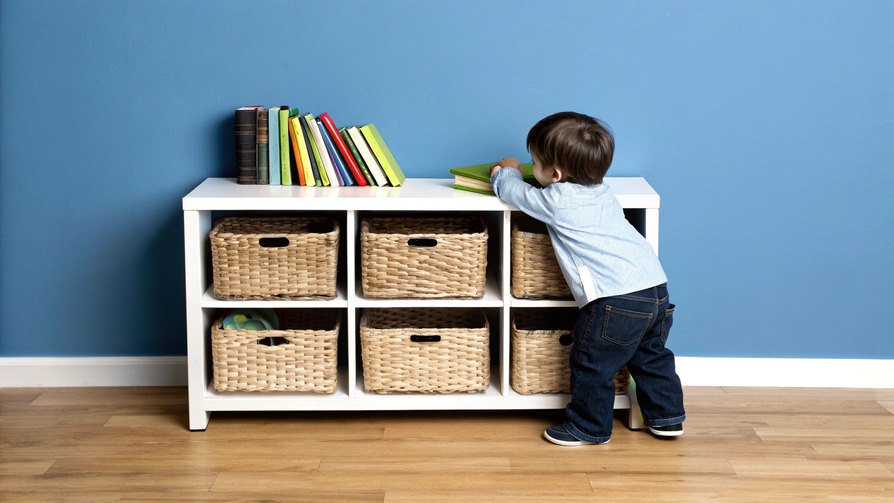 פעוט משחק עם ספרים על מדף אחסון לבן עם סלי קש בחדר ילדים כחול.