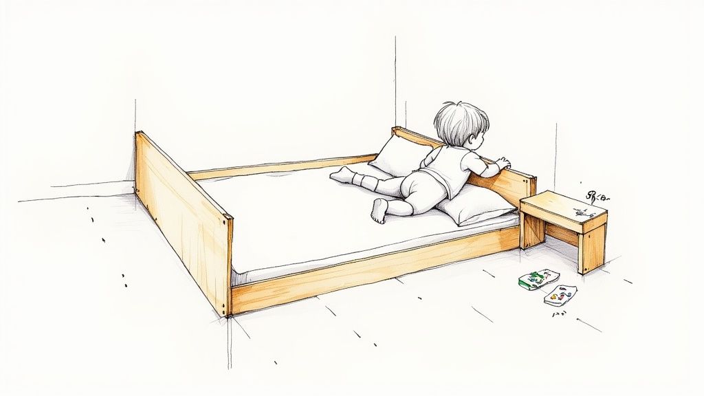 איור של פעוט זוחל על מיטת עץ פשוטה, מנסה להגיע אל שידת לילה בחדר.