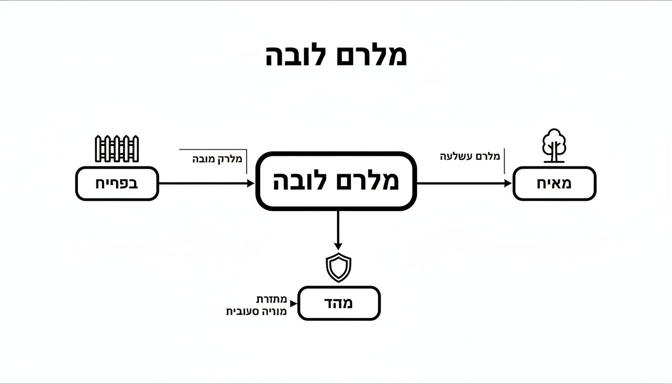 תרשים זרימה של מערכת "מלרם לובה", מראה קלט מ"בפקיח", פלט ל"מאיץ", ותהליך מנוהל ל"מהד".