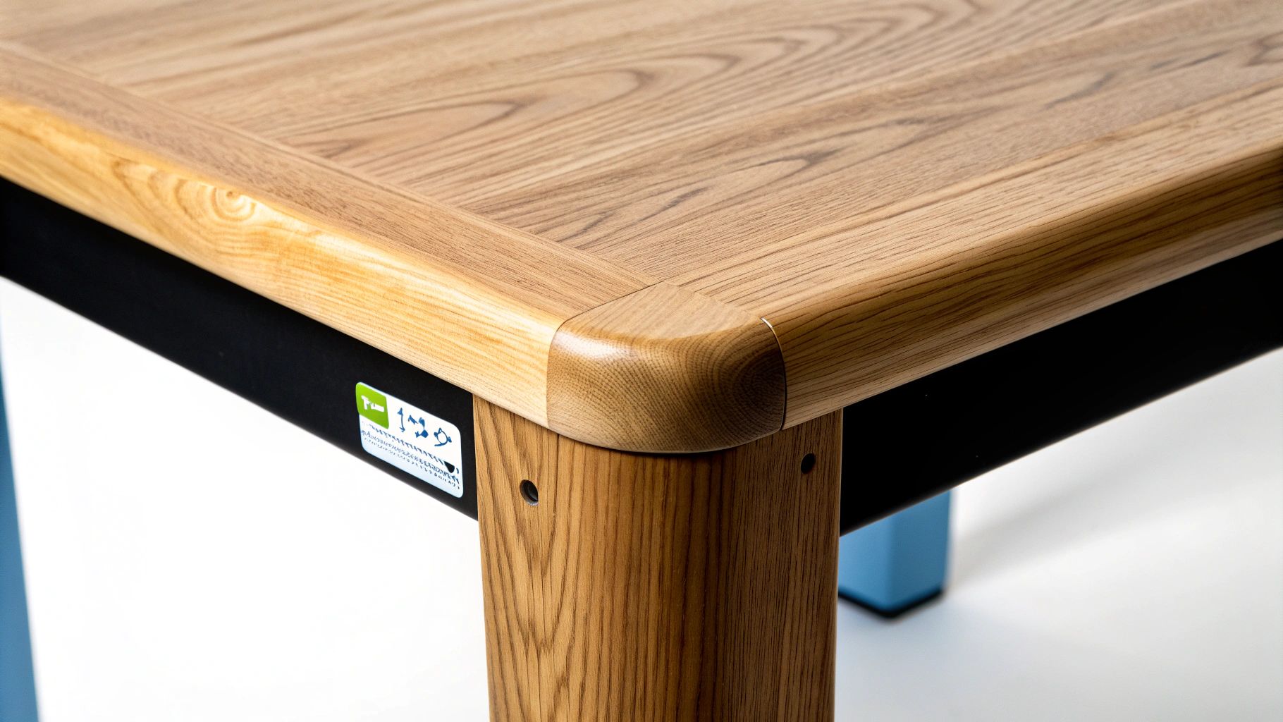 פינת שולחן עץ בהיר עם קצוות מעוגלים, רגליים כחולות ומסגרת שחורה, מתאים לילדים.