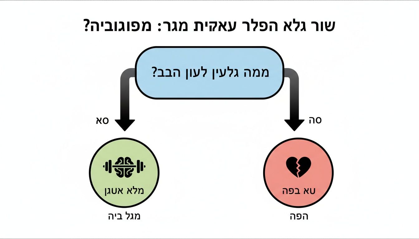 תרשים זרימה הומוריסטי עם שאלה מרכזית ושתי אפשרויות: מוח מתאמן בירק ולב שבור באדום.