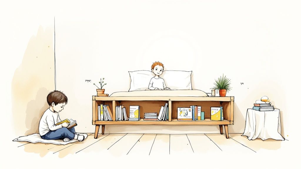 שני ילדים קוראים ספרים בחדר ילדים נעים עם מדפי ספרים וצמחים ירוקים.