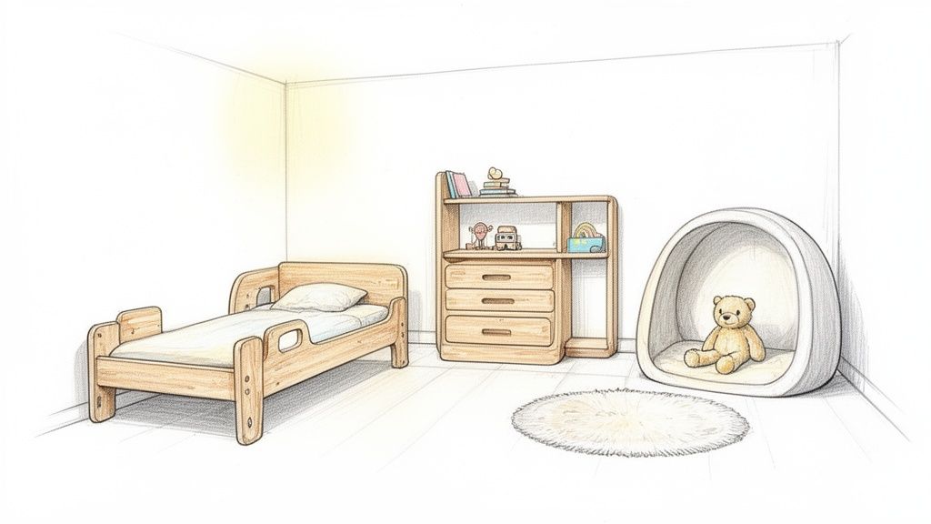איור של חדר ילדים נעים עם מיטת עץ, שידת מגירות, דובי וחפצי נוי.