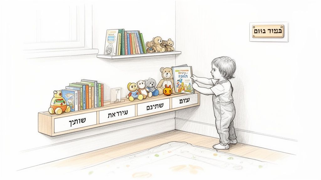 איור חדר ילדים עם מדפי ספרים מלאים בספרים וצעצועים, פעוט בוחר ספר.