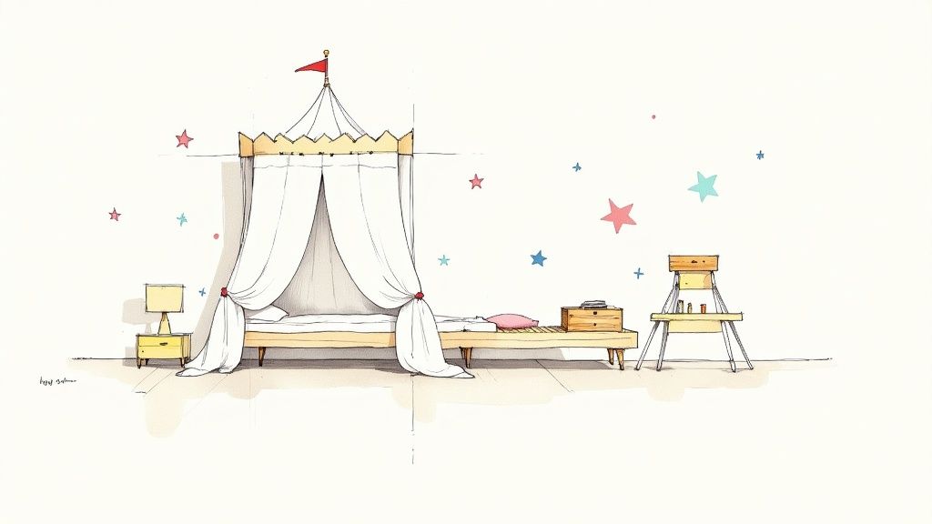 איור חדר ילדים מינימליסטי עם מיטת אפיריון דמוית אוהל, שידת לילה, וקישוטי כוכבים על הקיר.
