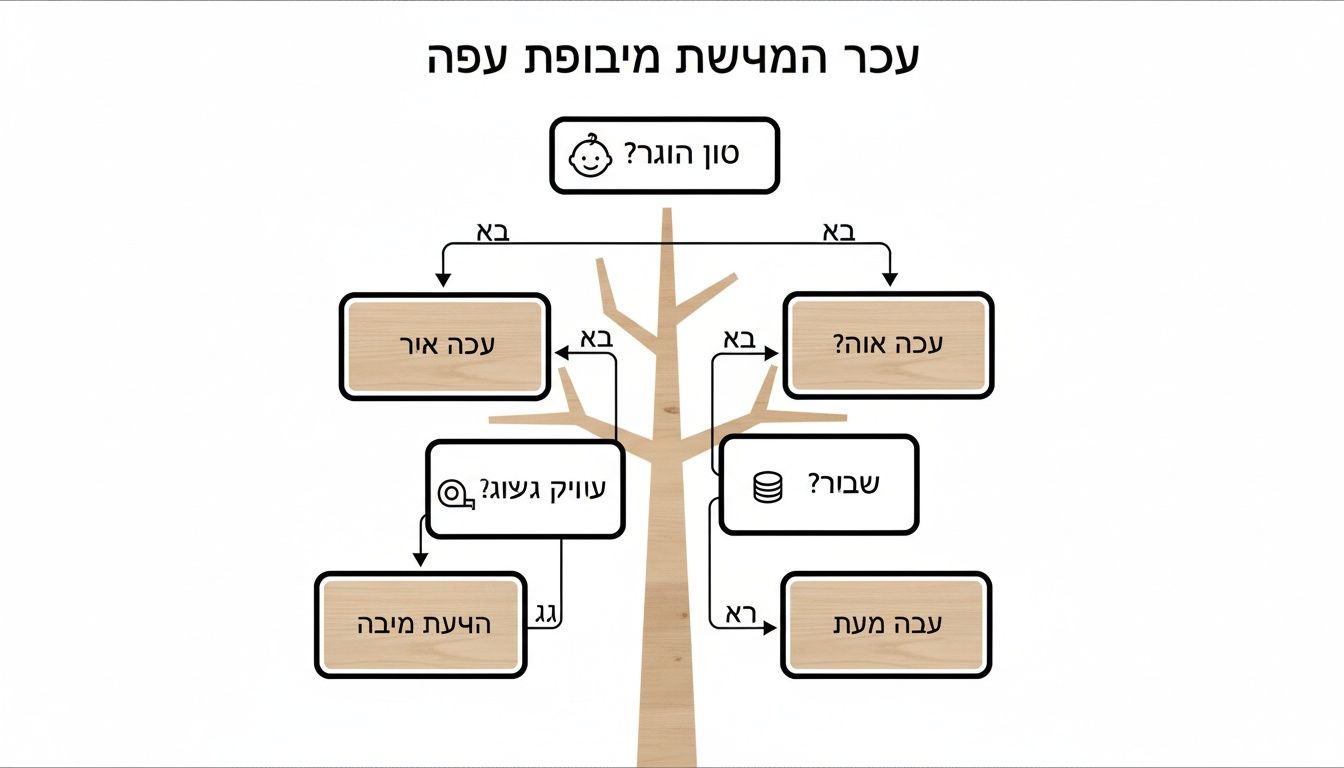 תרשים עץ החלטות בעברית עם שאלות ותשובות, סמלים גרפיים ומסלולי בחירה שונים.