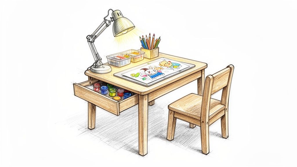 איור של שולחן עץ לילדים עם מנורה, ציור צבעוני, כלי יצירה וכיסא תואם. מרחב לילדים.