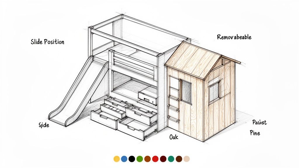 שרטוט של מיטת קומותיים לילדים עם מגלשה, מגירות אחסון ובית משחק נשלף מעץ.