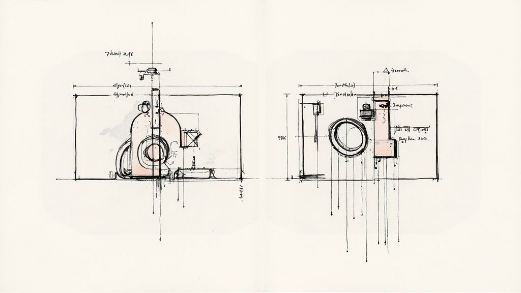 שני שרטוטים אדריכליים של יחידת אחסון או רהיט, עם מידות ופרטים עיצוביים, מודגשים בוורוד.