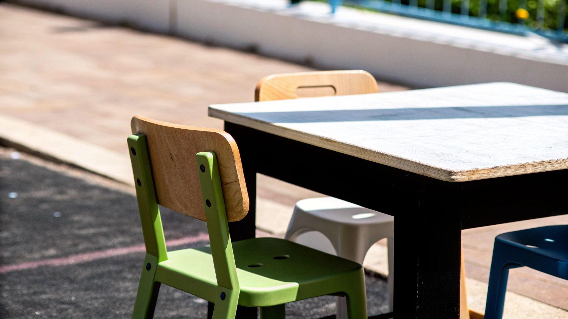 שולחן וכיסאות צבעוניים לילדים ממוקמים בחוץ, מוארים באור שמש טבעי.