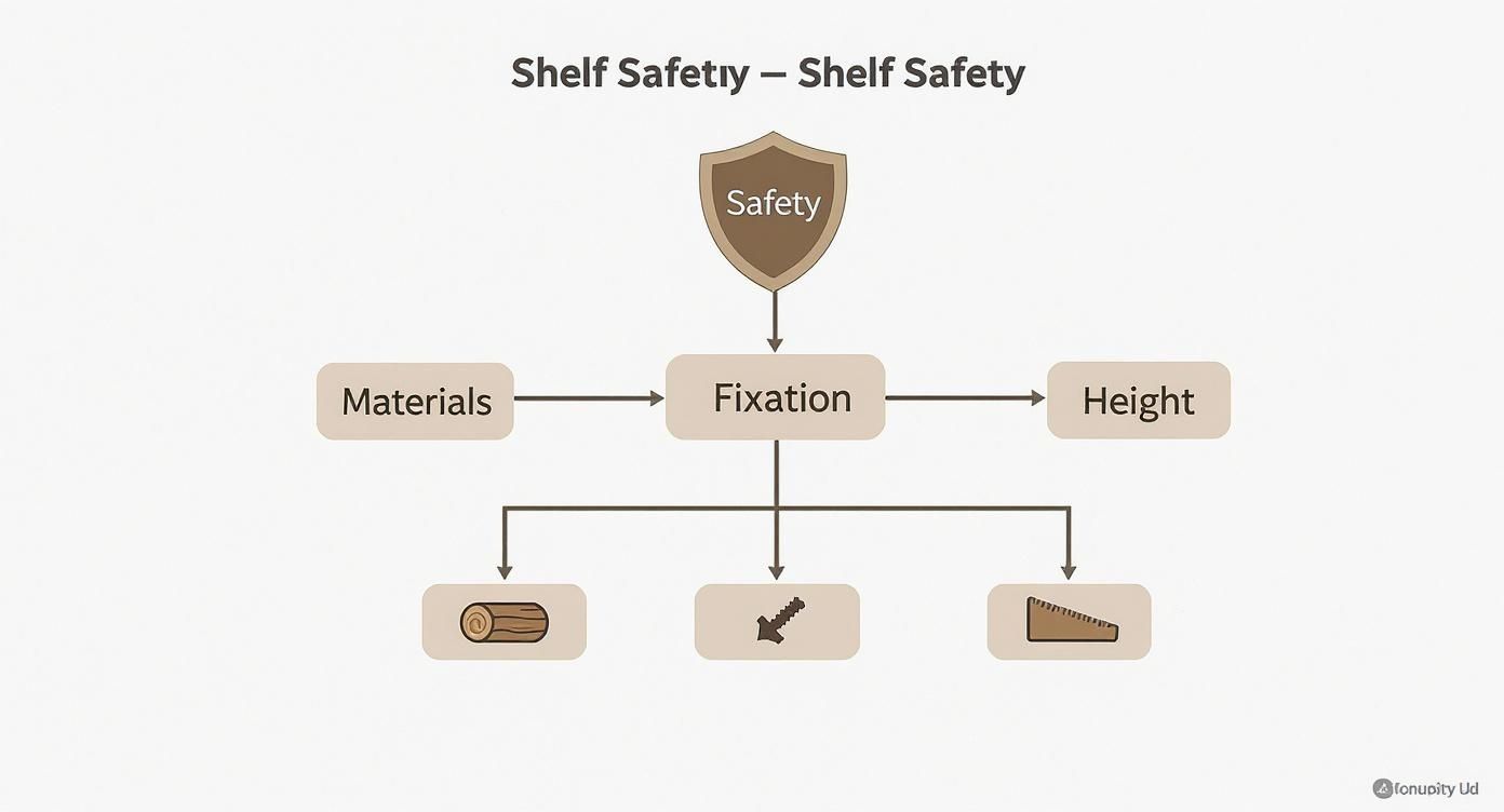תרשים זרימה המסביר את בטיחות המדפים דרך גורמי קיבוע, חומרים וגובה, כולל איורים של עץ וברגים.