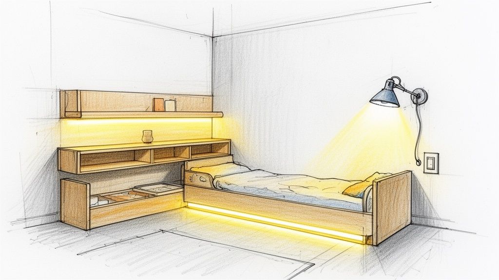 איור של חדר שינה מודרני עם מיטה, שולחן מובנה ותאורה סמויה, המתאים לילדים או נוער.