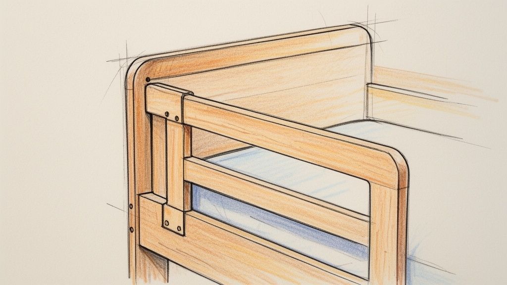 איור בעפרונות צבעוניים של מיטת ילדים מעץ בהירה עם מעקה בטיחות.