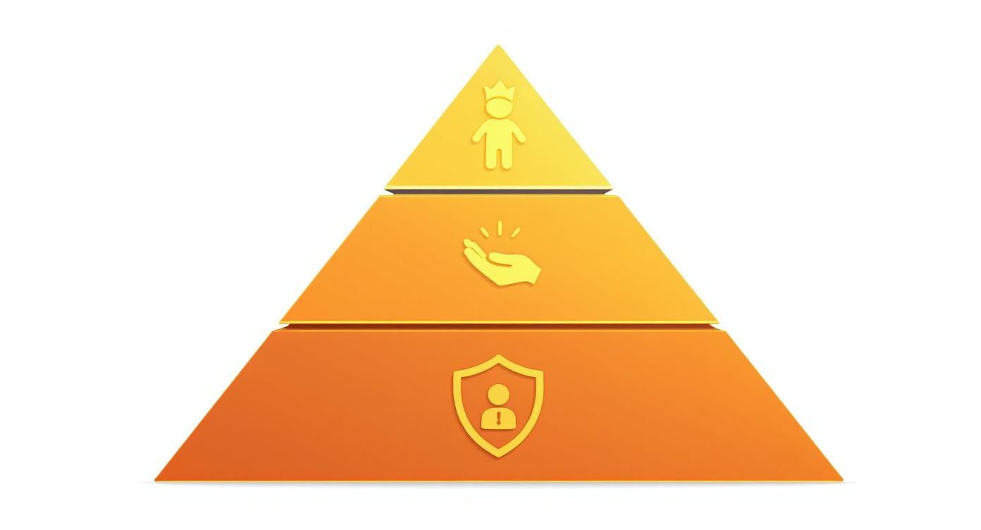 פירמידת היררכיה המציגה שלושה רמות: מלך בראש, יד מושטת באמצע ומגן הגנה בבסיס, בגוונים של צהוב וכתום