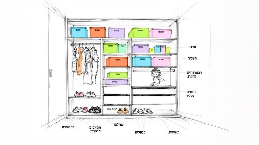 איור של ארון ילדים מרווח עם מדפים, מוט תלייה, קופסאות צבעוניות, נעליים, ותינוק יושב.