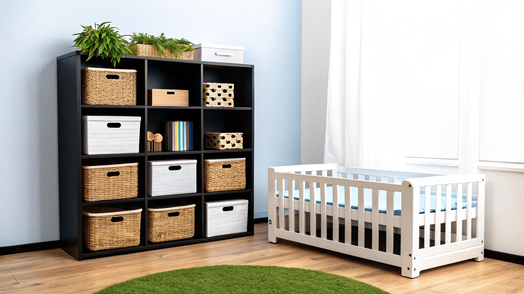 חדר ילדים מעוצב עם ארון אחסון שחור מלא בסלים וקופסאות ליד עריסת תינוק לבנה